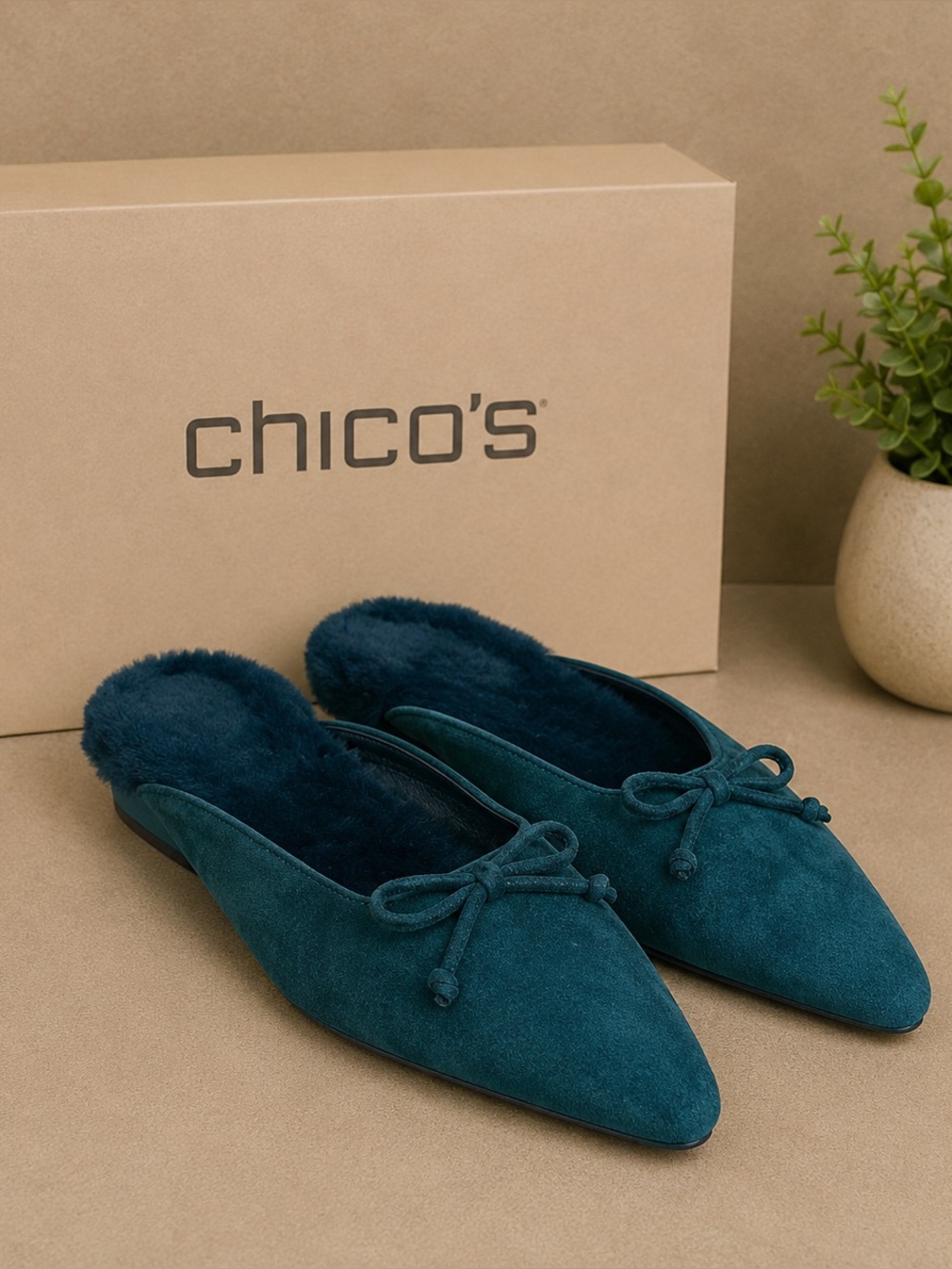 Chicos Penny Dark Teal Suede Faux Fur‎ Lined Pointed Toe Ballet Flats 10.5M